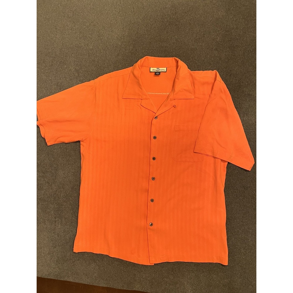 #0B21 Tommy Bahama Mens M Orange 100% Silk Camp Shirt Solid Hawaiian
